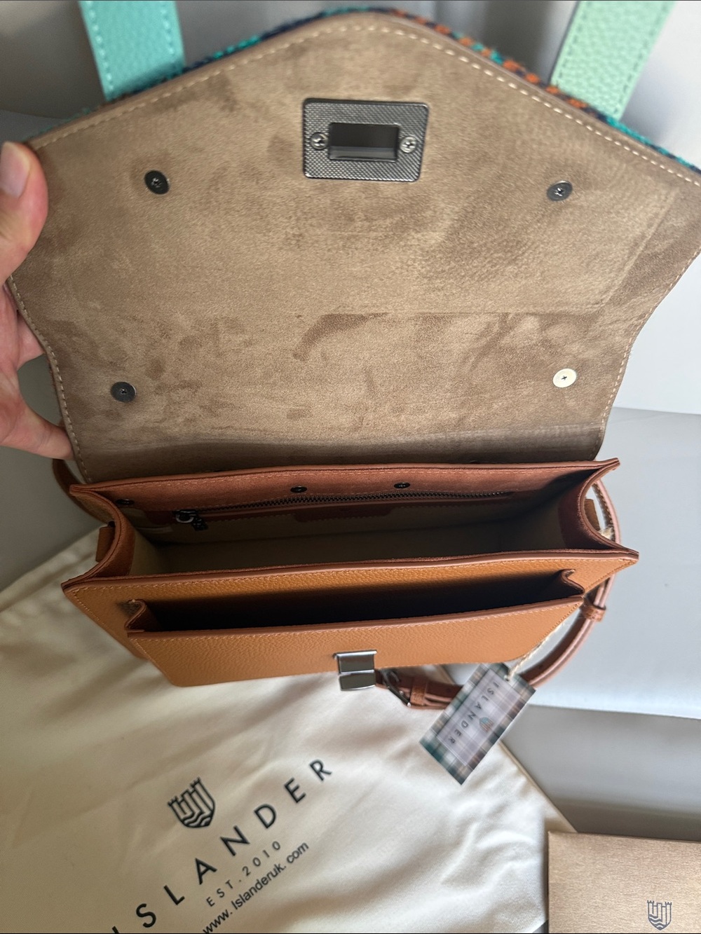 Islander Orange Plaid Satchel with Mint and Tan Trim - Picture 3 of 5